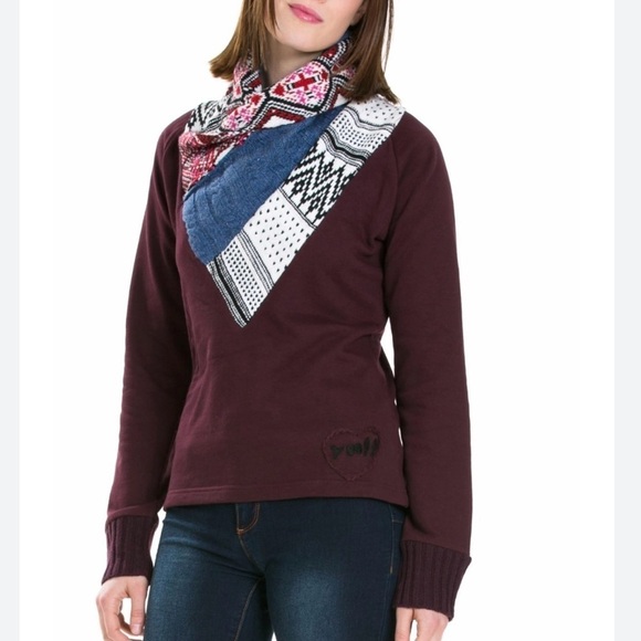 Desigual Patchwork Shawl Neck Pullover Sweater S Burgundy Cottagecore - Picture 1 of 16